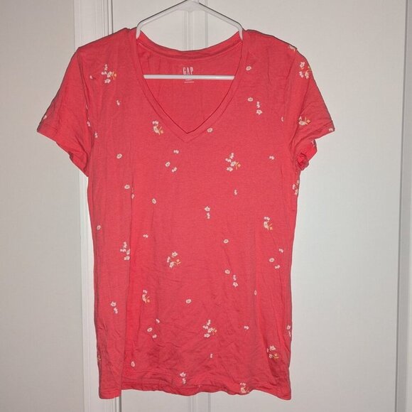 *3 FOR $9* GAP Favorite T V-Neck Floral Coral Flower Print Tee Top T-Shirt M - Picture 1 of 3